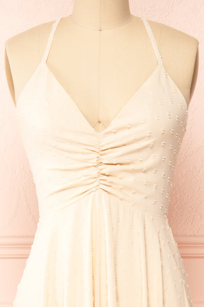 Keila Asymmetrical Beige Midi Dress | Boutique 1861 front close-up
