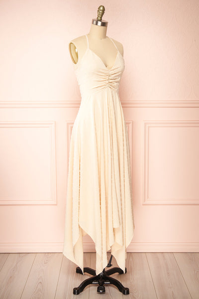 Keila Asymmetrical Beige Midi Dress | Boutique 1861 side view