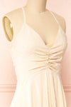 Keila Asymmetrical Beige Midi Dress | Boutique 1861 side close-up