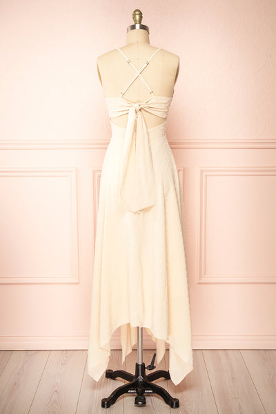 Keila Asymmetrical Beige Midi Dress | Boutique 1861 back view
