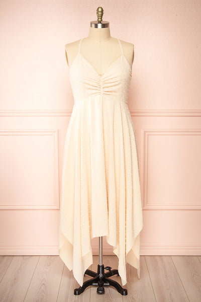Keila Asymmetrical Beige Midi Dress | Boutique 1861 front plus size