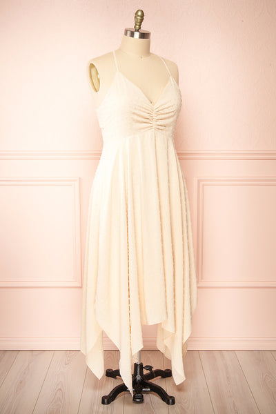 Keila Asymmetrical Beige Midi Dress | Boutique 1861 side plus size