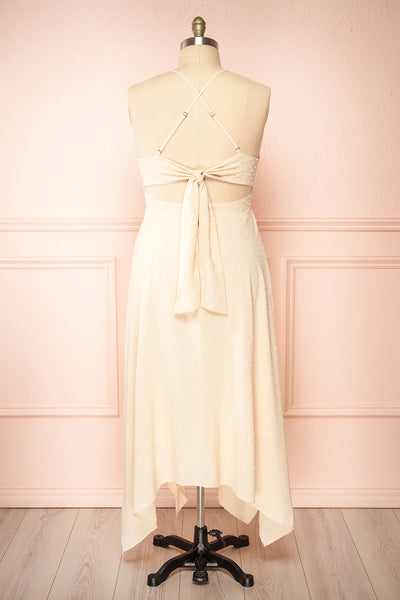 Keila Asymmetrical Beige Midi Dress | Boutique 1861 back plus size