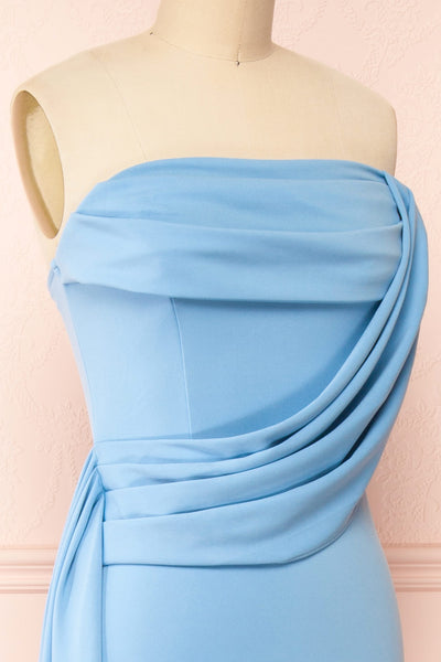 Kele Blue Cowl Neck Mermaid Dress w/ Slit | Boutique 1861  side close-up