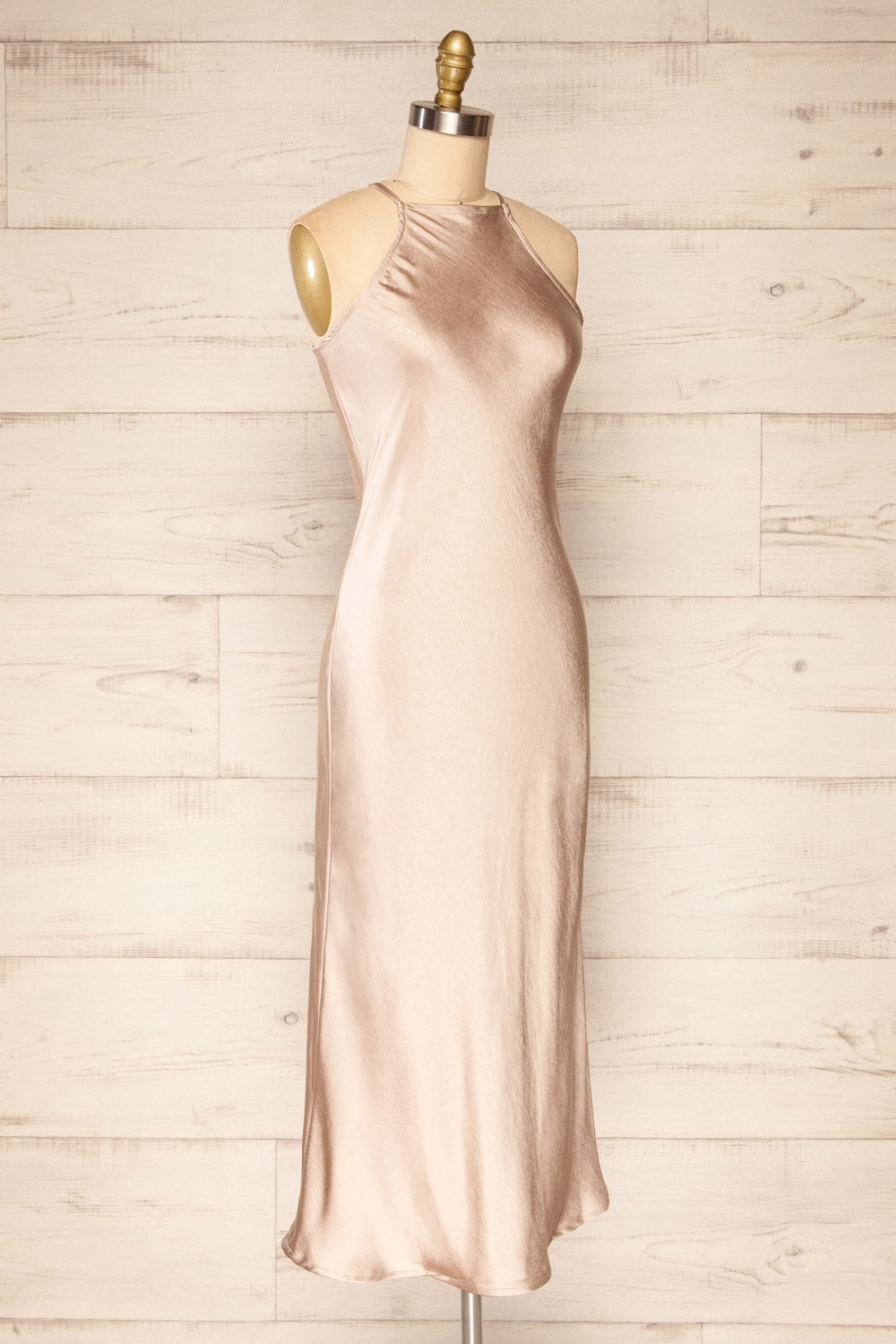 Kenaka Beige Satin Midi Halter Dress