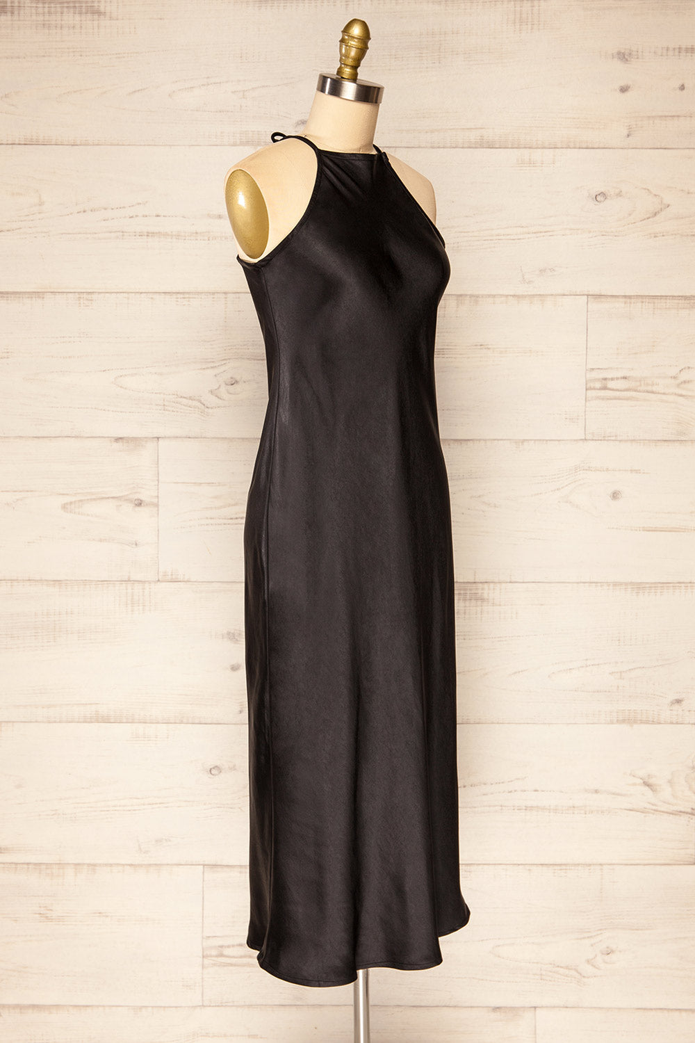 Kenaka Black Satin Midi Halter Dress