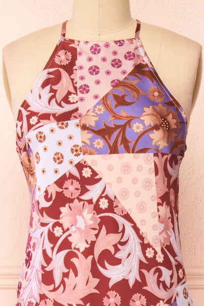 Kenaka Mauve Floral Satin Midi Halter Dress | Boutique 1861 front close-up