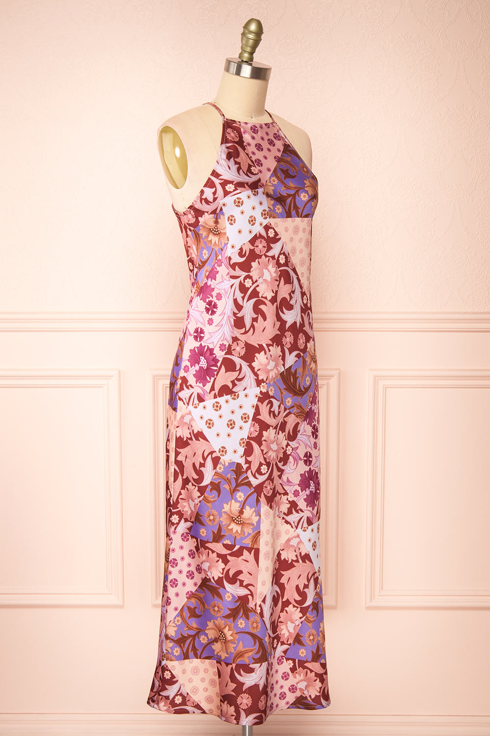 Kenaka Mauve Floral Satin Midi Halter Dress | Boutique 1861 side view 