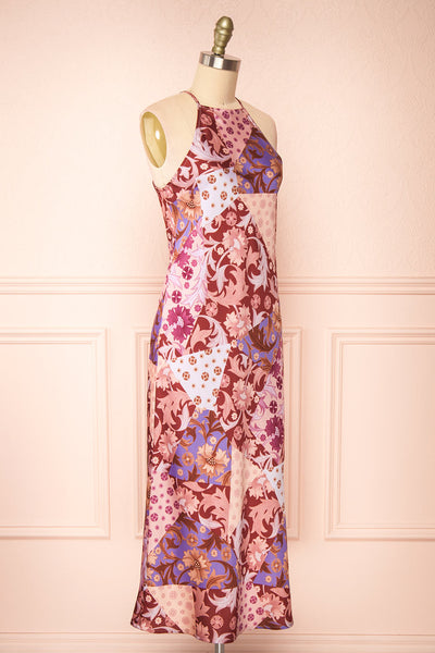 Kenaka Mauve Floral Satin Midi Halter Dress | Boutique 1861 side view