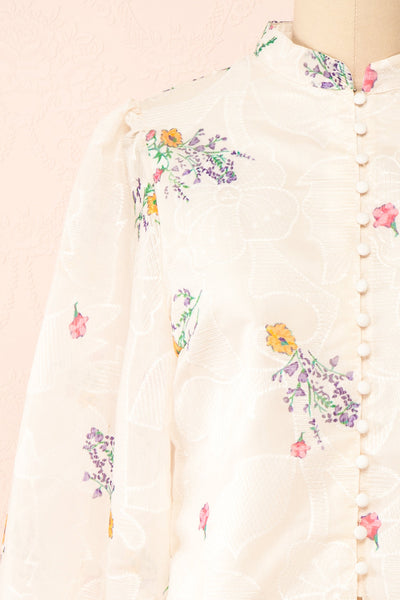 Kendra Beige Floral Buttoned Blouse | Boutique 1861 front close-up