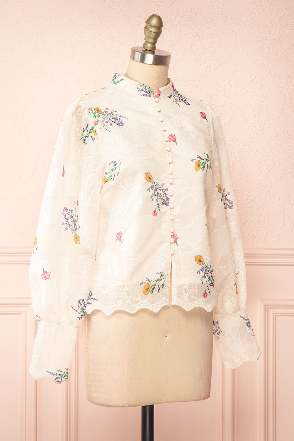 Kendra Beige Floral Buttoned Blouse | Boutique 1861 side view 