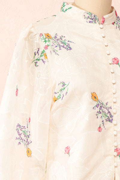 Kendra Beige Floral Buttoned Blouse | Boutique 1861 side close-up