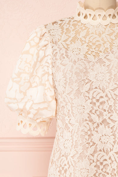 Kenielle Beige Lace Blouse with Stand Collar | Boutique 1861 front close-up