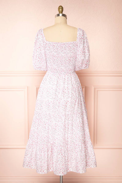 Kenta White A-Line Floral Midi Dress w/ Puffy Sleeves | Boutique 1861 back view