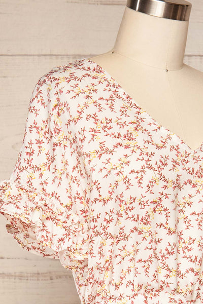 Kerava White Floral Romper w/ Fabric Belt | La petite garçonne side close up