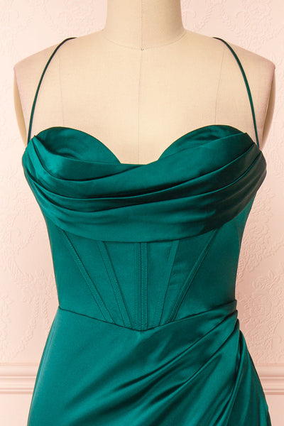 Kesha Green Corset Cowl Neck Maxi Dress | Boutique 1861 front close-up