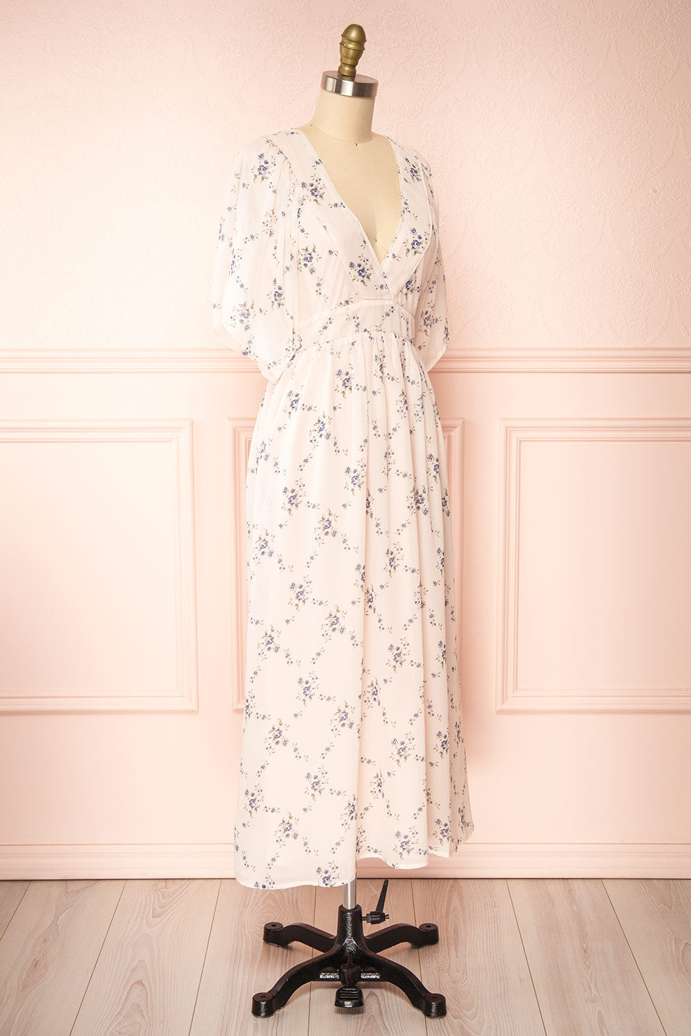 Khanom Pink V-Neck Floral Print Midi Dress | Boutique 1861 side view 