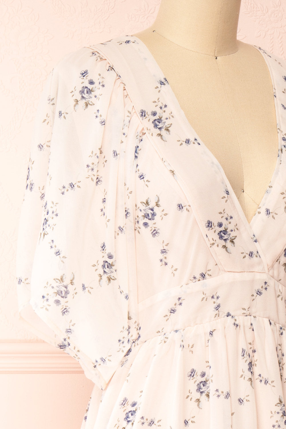 Khanom Pink V-Neck Floral Print Midi Dress | Boutique 1861 side close-up