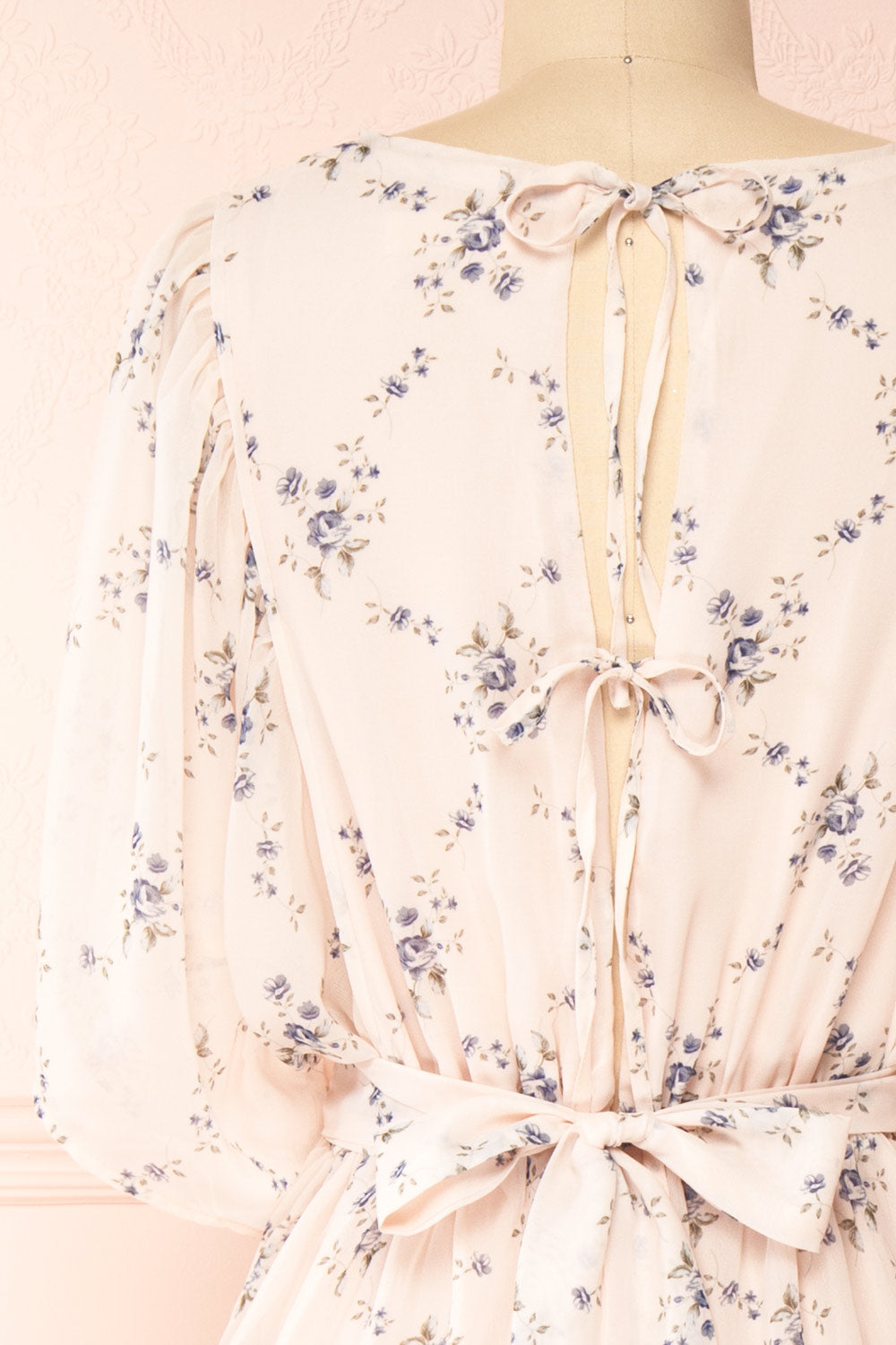 Khanom Pink V-Neck Floral Print Midi Dress | Boutique 1861 back close-up