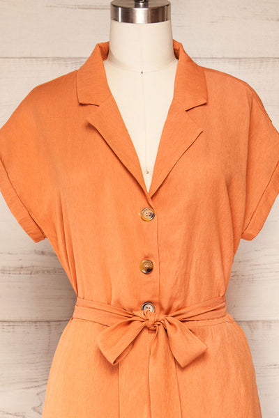 Kharop Orange Belted Short Sleeve Jumpsuit | La petite garçonne front close up