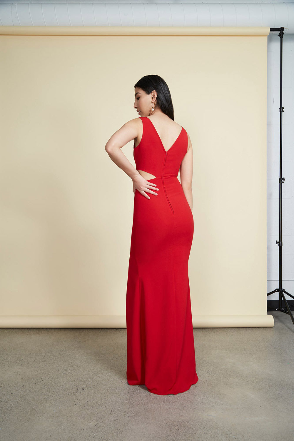 Kiira Red Cut-Outs Mermaid Gown | Boudoir 1861 back on model