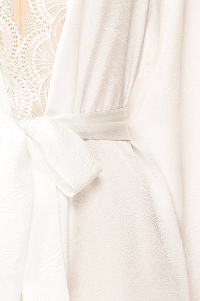 Kiliana Long Ivory Kimono w/ Lace Trim | Boutique 1861 fabric