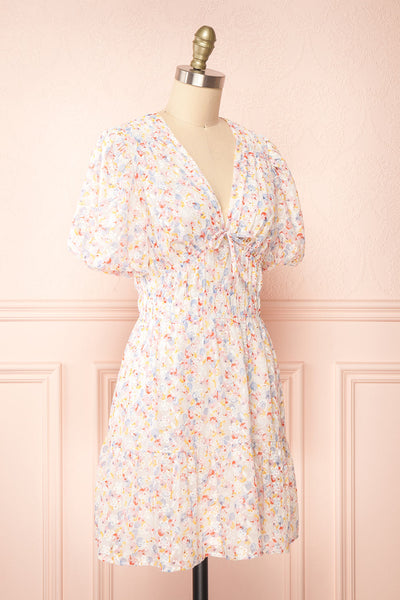 Kinnia Short Floral Dress w/ Ruched Waist | Boutique 1861 side view