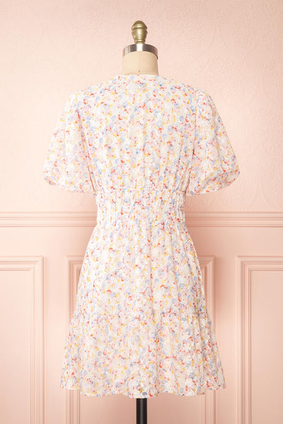 Kinnia Short Floral Dress w/ Ruched Waist | Boutique 1861 back view