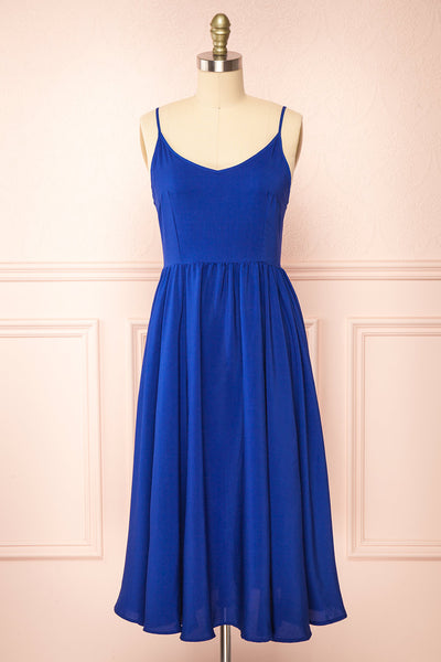 Kloe Blue Sleeveless A-line Midi Dress | Boutique 1861 front view