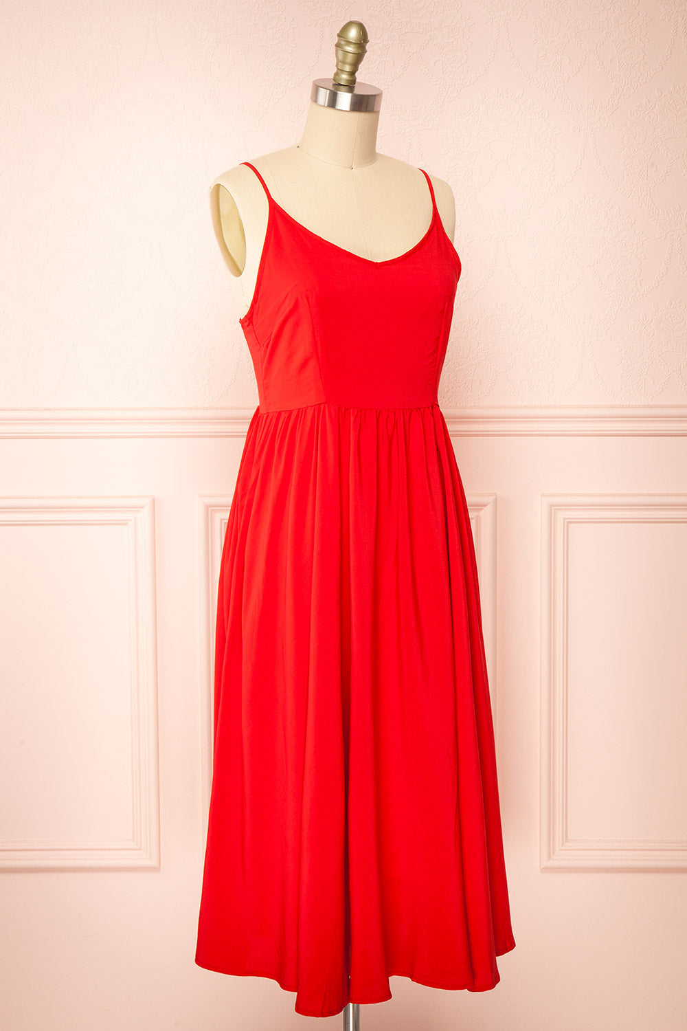 Kloe Red Sleeveless A-line Midi Dress | Boutique 1861 side close-up