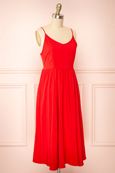 Kloe Red Sleeveless A-line Midi Dress | Boutique 1861 side close-up