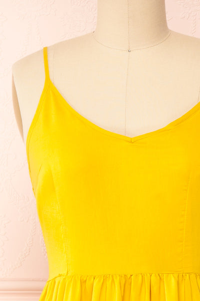 Kloe Yellow Sleeveless A-line Midi Dress | Boutique 1861  front closeup