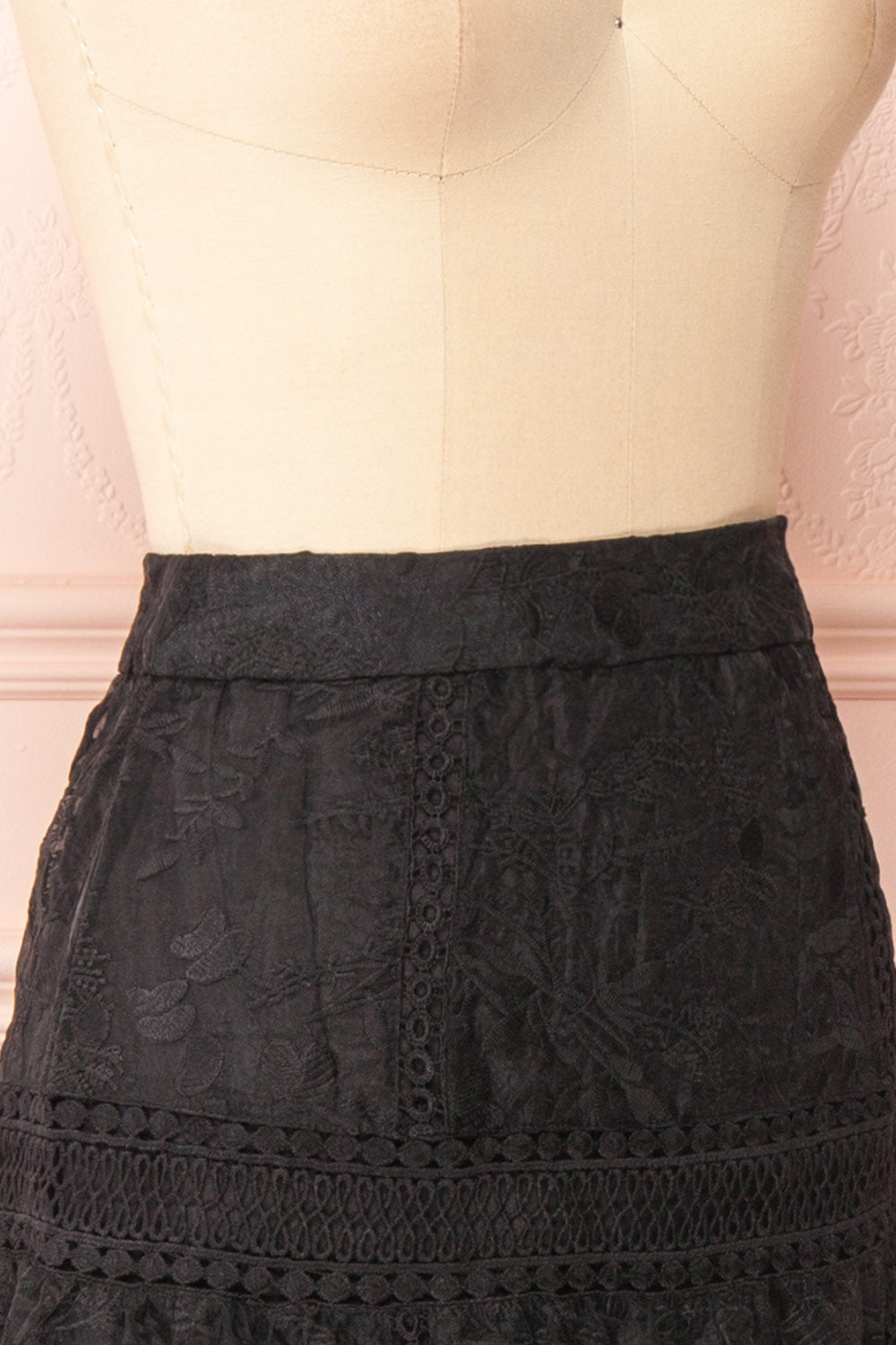 Knauttia Black Floral Embroidered Mesh Skirt | Boutique 1861 side close-up