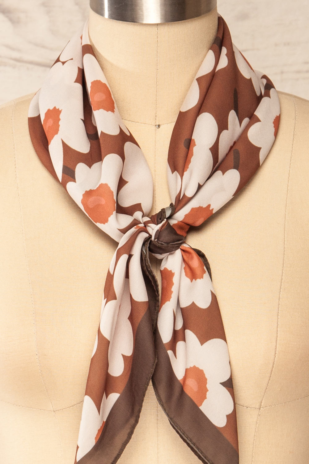 Kompsa Brown Floral Satin Scarf | La petite garçonne front close-up