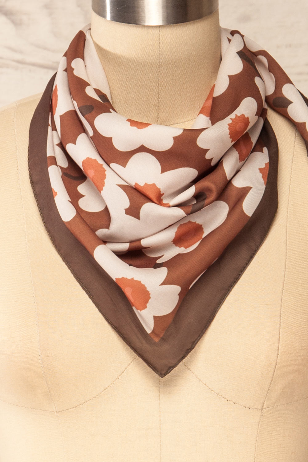 Kompsa Brown Floral Satin Scarf | La petite garçonne triangle close-up
