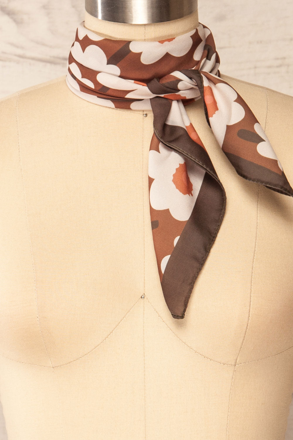 Kompsa Brown Floral Satin Scarf | La petite garçonne side close-up