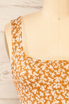 Koscier Camel Floral Ribbed Tank Top w/ Cut-Outs | La petite garçonne front close-up