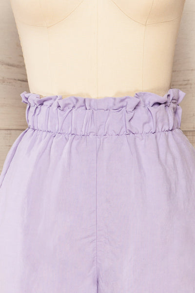 Kozienice Lilac High-Waisted Linen Shorts | La petite garçonne front close-up