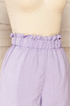 Kozienice Lilac High-Waisted Linen Shorts | La petite garçonne side close-up
