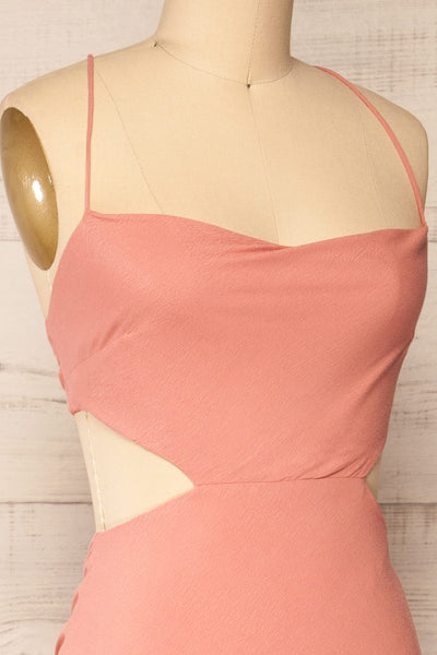 Krahken Pink Cowl Neck Backless Midi Dress | La petite garçonne side close-up