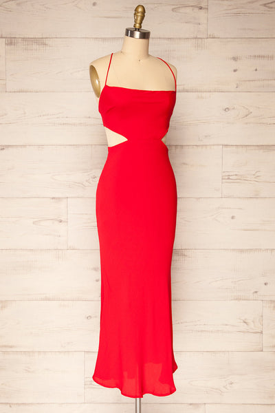 Krahken Red Cowl Neck Backless Midi Dress | La petite garçonne side view
