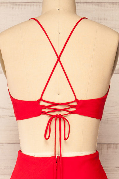 Krahken Red Cowl Neck Backless Midi Dress | La petite garçonne back close-up