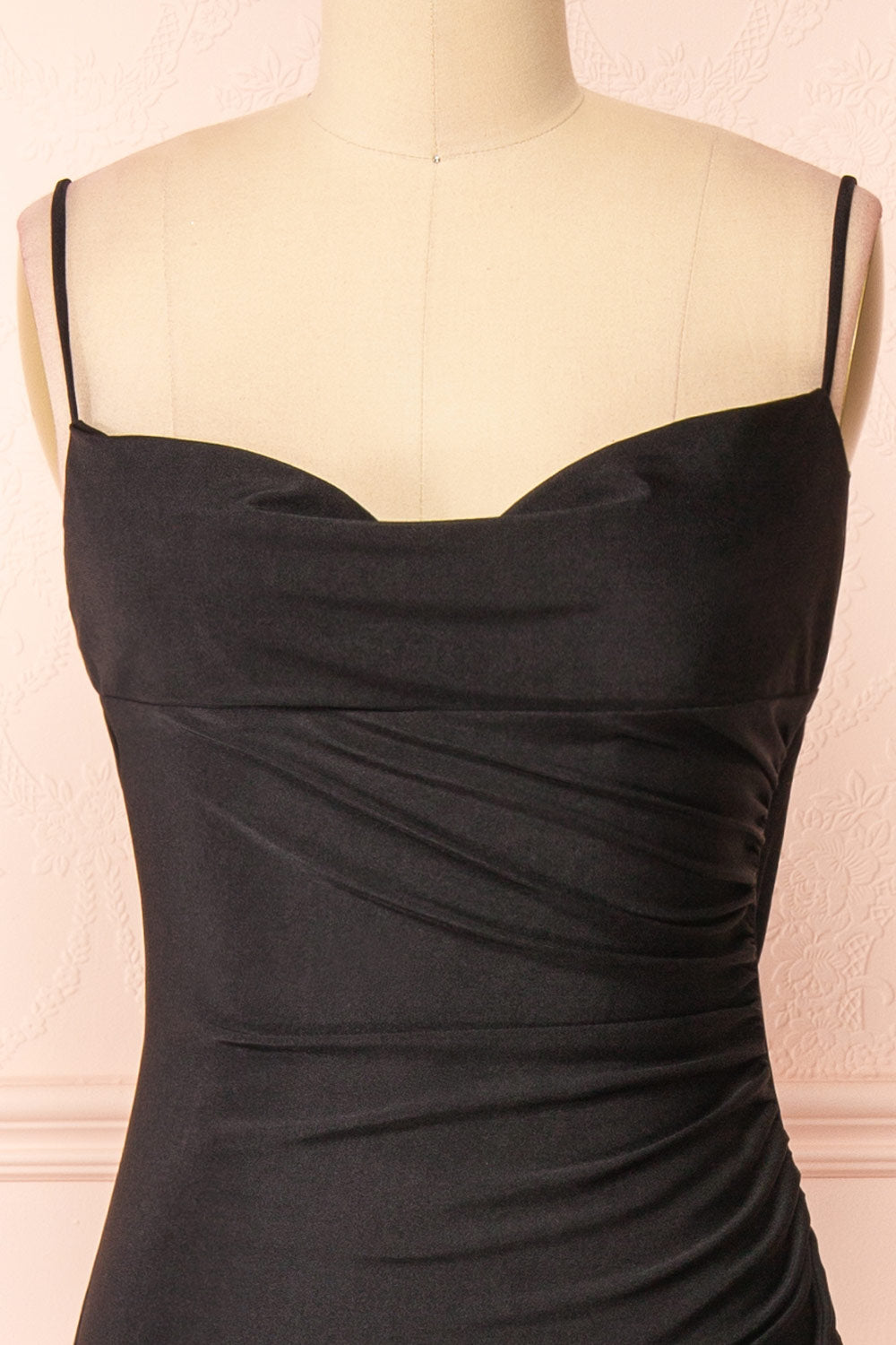 Kristen Black Fitted Maxi Dress w/ Cowl Neck | Boutique 1861 front close-up 