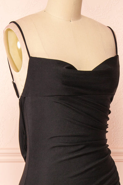 Kristen Black Fitted Maxi Dress w/ Cowl Neck | Boutique 1861 side close-up