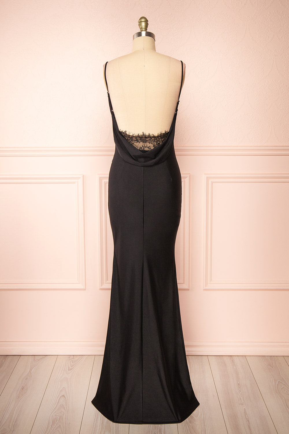 Kristen Black Fitted Maxi Dress w/ Cowl Neck | Boutique 1861 back view 