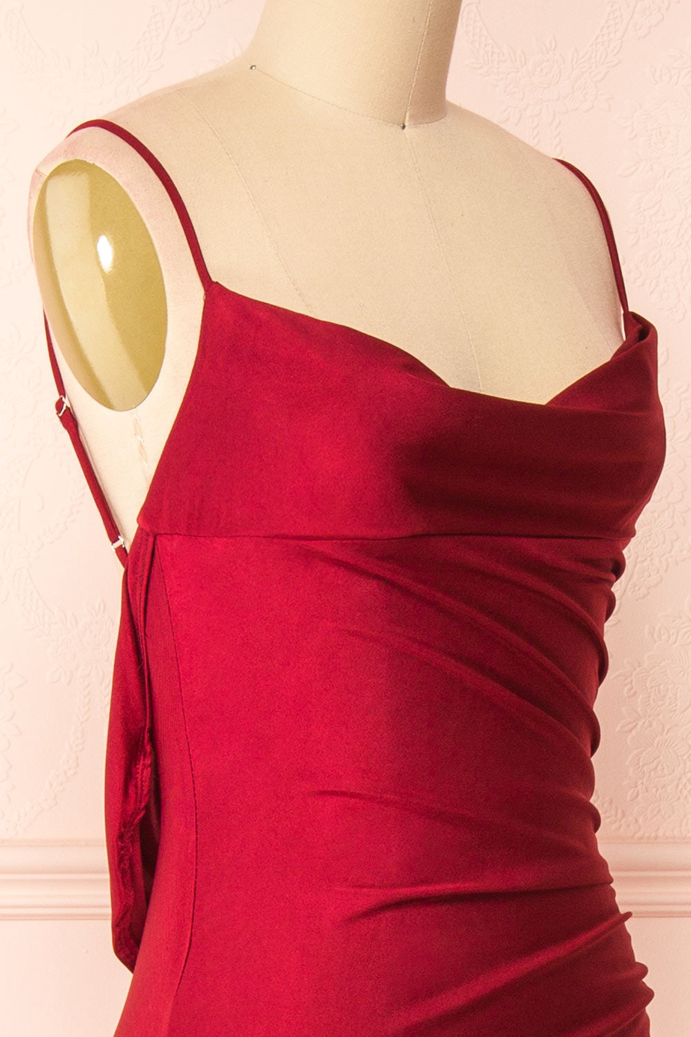 Kristen Burgundy Fitted Maxi Dress w/ Cowl Neck | Boutique 1861 side close-up 