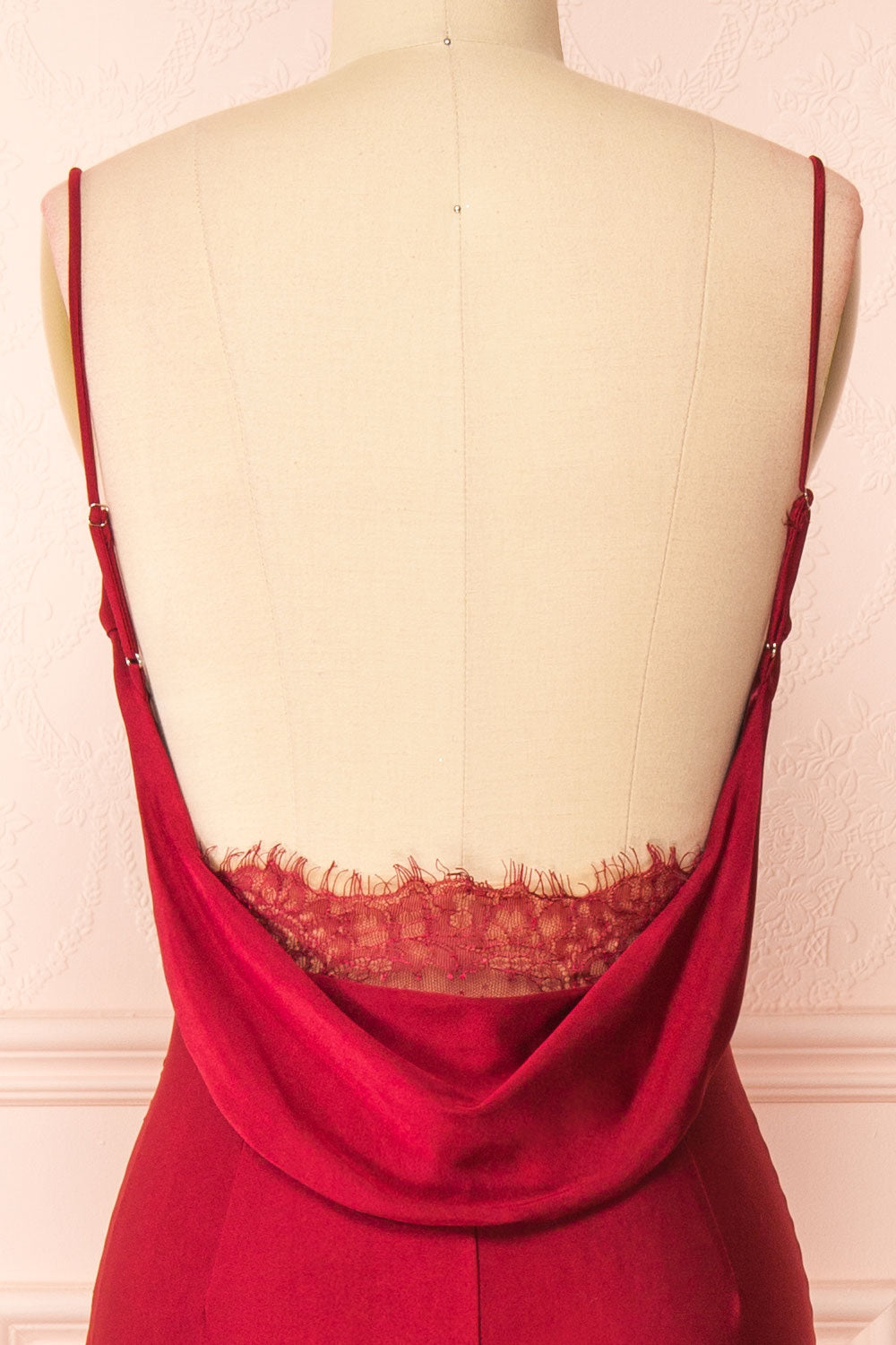 Kristen Burgundy Fitted Maxi Dress w/ Cowl Neck | Boutique 1861 back close-up 