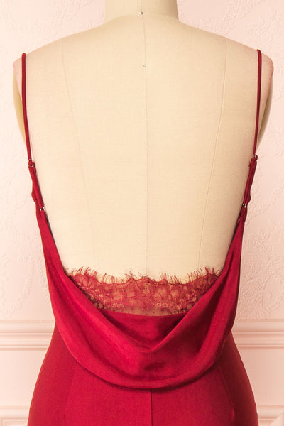 Kristen Burgundy Fitted Maxi Dress w/ Cowl Neck | Boutique 1861 back close-up