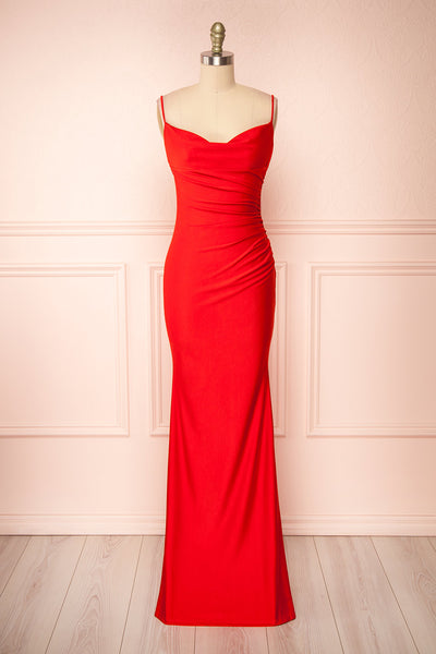 Kristen Red Fitted Maxi Dress w/ Cowl Neck | Boutique 1861 front view