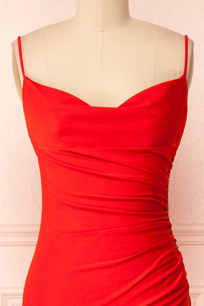 Kristen Red Fitted Maxi Dress w/ Cowl Neck | Boutique 1861 front close-up